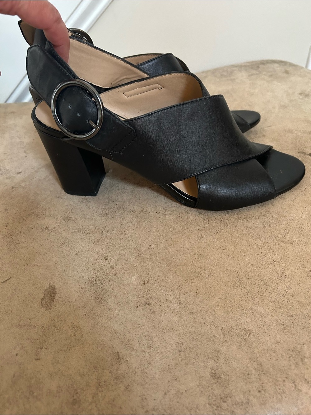 Franco Sarto Women's Black Leather Block Heel Sandals